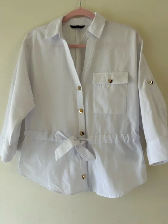 NWOT Zara White Button-Front Tie-Waist Shirt - Picture 2 of 11